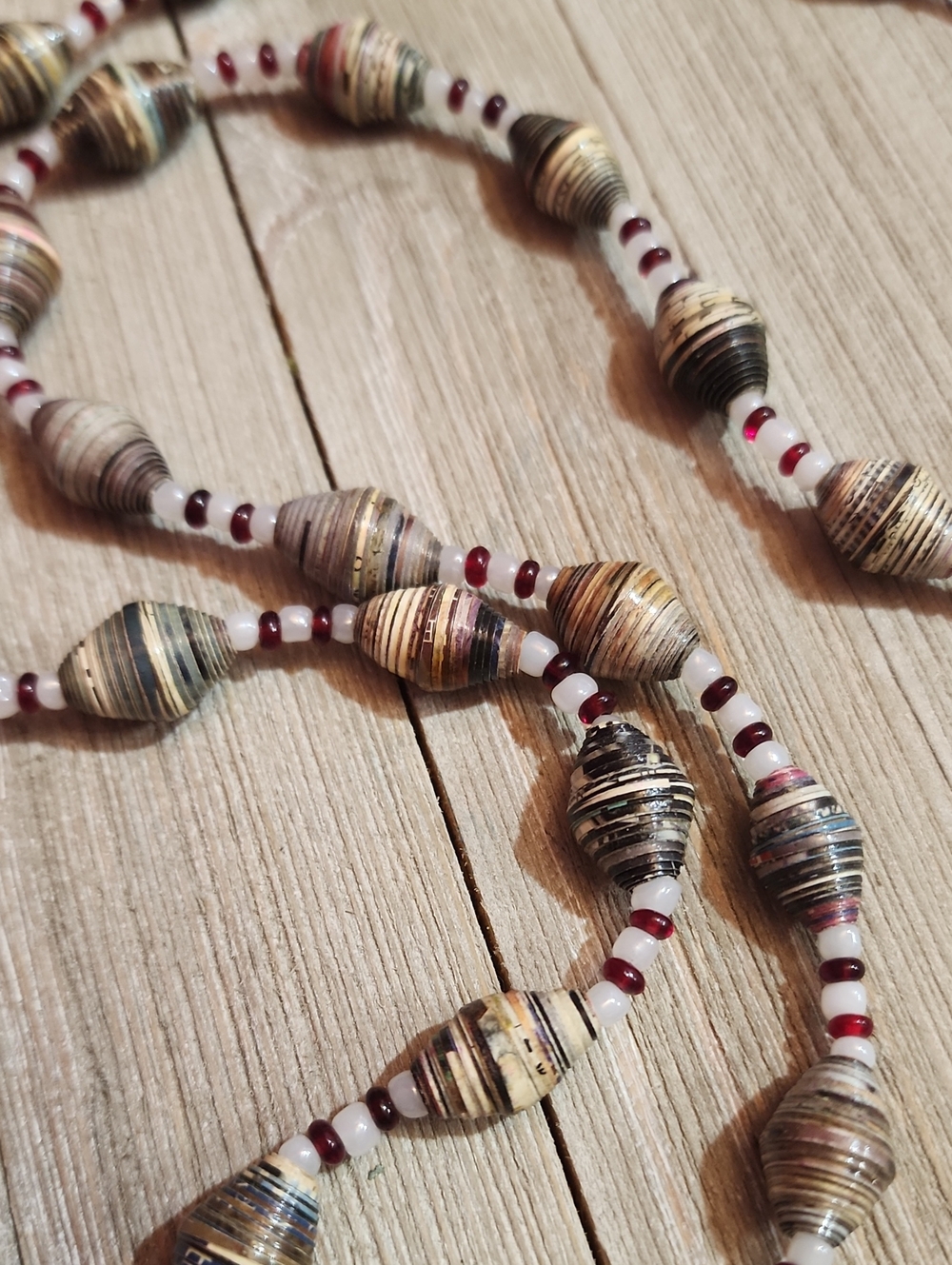 Handmade Multicolor Paper Bead Necklace with White and Burgundy Accents